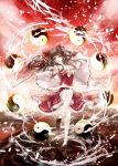  1girl album_cover bow brown_hair cover detached_sleeves gohei hair_bow hair_tubes hakurei_reimu highres laruha leg_up long_hair long_sleeves looking_at_viewer midriff navel open_mouth petals red_eyes shirt skirt skirt_set solo spell_card standing_on_one_leg touhou wide_sleeves yin_yang 