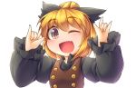  1girl blonde_hair bow brown_dress brown_eyes dress fang fun_bo hair_bow kurodani_yamame long_sleeves one_eye_closed open_mouth ponytail pose shirt smile solo spider_web symbol-shaped_pupils touhou wink 