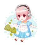  1girl blush child dress hair_ornament hairclip headphones nitroplus open_mouth pink_hair red_eyes short_hair smile solo super_sonico young 