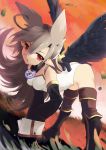  bent_over boots brown_hair leotard long_hair pointy_ears ran_komomo red_eyes thigh-highs thigh_boots wings 