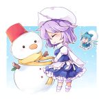  2girls ^_^ blue_hair bow bucket carrying chibi cirno closed_eyes flying hair_bow hair_ornament hair_ribbon hat holding letty_whiterock multiple_girls open_mouth purple_hair ribbon scarf short_hair size_difference smile snow snowball snowing snowman sparkle tagme touhou wings yukimiya_(parupunta) |_| 