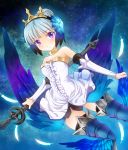  1girl arm_warmers armor armored_dress blue_background boots braid choker dress expressionless feathers french_braid gwendolyn hair_bun odin_sphere ratryu short_hair skirt solo strapless_dress thigh-highs thigh_boots violet_eyes wand white_hair wings 