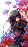  1girl akemi_homura black_hair flower from_behind funeral_dress gradient gradient_background hair_ribbon highres long_hair looking_at_viewer looking_back mahou_shoujo_madoka_magica mahou_shoujo_madoka_magica_movie ribbon sd_pink simple_background solo spider_lily spoilers violet_eyes white_background 