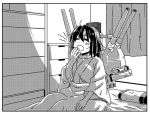  buntaichou comic hyuuga_(kantai_collection) kantai_collection monochrome personification short_hair translation_request turret waking_up 