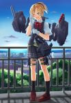  0625a 1girl aa_gun blonde_hair cannon city full_body gloves green_eyes hair_ornament kantai_collection maikaze_(kantai_collection) ocean open_mouth personification ponytail ribbon school_uniform shirt short_hair short_sleeves skirt smile sun sunlight torpedo vest white_gloves 