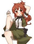  1girl :&lt; alternate_hairstyle amonitto arm_up blush braid brown_hair hong_meiling long_hair looking_at_viewer open_vest ponytail puffy_short_sleeves puffy_sleeves red_eyes ribbon sash shirt short_sleeves simple_background sitting skirt solo touhou twin_braids tying_hair white_background 