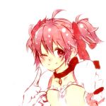  1girl bow choker finger_to_face gloves hair_bow kaname_madoka looking_at_viewer lowres magical_girl mahou_shoujo_madoka_magica pink_eyes pink_hair short_hair short_twintails simple_background smile solo twintails white_background white_gloves 