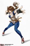  1girl breasts brown_eyes brown_hair cleavage dougi fingerless_gloves foreshortening gloves headband highres king_of_fighters long_hair noh_seong-min ponytail ryuuko_no_ken shoes sneakers solo spandex yuri_sakazaki 