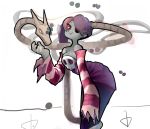  1girl bare_shoulders bent_over blue_hair blue_skin breasts derekireba detached_sleeves hair_over_one_eye hand_on_knee leviathan_(skullgirls) long_hair long_skirt red_eyes side_ponytail sienna_contiello skirt skull skullgirls smile solo stitched_mouth striped_sleeves zombie 