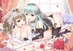  2girls alternate_costume aqua_hair bare_shoulders black_panties bouquet breasts bridal_veil brown_hair choker cleavage dress elbow_gloves flower gloves hair_flower hair_ornament hairclip jewelry kantai_collection kumano_(kantai_collection) long_hair lying multiple_girls necklace on_stomach open_mouth panties pc9527 personification petals ponytail rose smile suzuya_(kantai_collection) underwear veil wedding_dress 