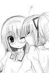  2girls akemi_homura bow braid closed_eyes glasses hair_ribbon hairband heart kaname_madoka kiss long_hair mahou_shoujo_madoka_magica monochrome multiple_girls ribbon school_uniform short_hair short_twintails simple_background twin_braids twintails white_background yuri 