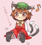  1girl :3 animal_ears bow brown_eyes brown_hair cat_ears cat_tail chen dress ear_piercing ibarashiro_natou jewelry looking_at_viewer mob_cap multiple_tails musical_note piercing red_dress shirt single_earring sitting solo tail touhou translation_request 