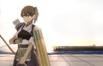  1girl arrow ashiwara_yuu bow_(weapon) brown_hair japanese_clothes kaga_(aircraft_carrier) kaga_(kantai_collection) kantai_collection long_hair muneate personification ship short_hair side_ponytail silhouette skirt solo sunset weapon yugake 