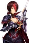  1girl 442348892 alternate_costume black_hair breasts cleavage fiora_laurent hair_over_one_eye league_of_legends multicolored_hair red_eyes redhead short_hair smile solo weapon 