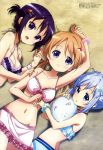  3girls absurdres bikini blue_hair bra breasts cleavage gochuumon_wa_usagi_desuka? highres hoto_cocoa kafuu_chino lying megami multiple_girls official_art on_back on_side open_mouth orange_hair panties purple_hair summer swimsuit tedeza_rize tippy_(gochuumon_wa_usagi_desuka?) underwear 