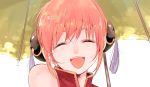  1girl bun_cover closed_eyes double_bun gintama happy izumi_taiga kagura_(gintama) orange_hair smile solo umbrella 
