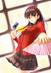  1girl amagi_yukiko ascot black_hair brown_eyes butterfly card fan folding_fan glasses hairband long_hair looking_at_viewer nishiura_gin persona persona_4 pleated_skirt school_uniform skirt solo sweater tarot 