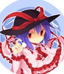  1girl ascot bow fingers hat hat_bow hat_ribbon kazeharu looking_at_viewer nagae_iku purple_hair red_eyes ribbon shaded_face short_hair smile solo tagme touhou 