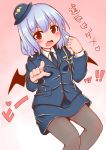  1girl alternate_costume bat_wings blue_hair brown_legwear cuffs gloves handcuffs hat jacket nyt_(nagane) open_mouth pantyhose police police_hat police_uniform policewoman red_eyes remilia_scarlet short_hair skirt smile solo touhou uniform whistle wings 