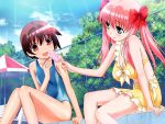  2girls aqua_eyes artist_request bikini_skirt bow breasts brown_hair character_request copyright_request frills hair_bow haramura_nodoka highres holding large_breasts long_hair miyanaga_saki multiple_girls offering one-piece_swimsuit open_mouth outdoors pink_hair popsicle red_eyes saki short_hair sitting swimsuit 
