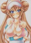  1girl bikini bikini_top blue_eyes blush breast_hold breasts brown_hair cleavage double_bun frown hair_bun hat large_breasts long_hair marker_(medium) mechanical_pencil mei_(pokemon) millipen_(medium) pencil pink_bikini pokemon pokemon_(game) pokemon_bw2 shirt_slip swimsuit traditional_media twintails very_long_hair yutakasan-love 