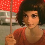  1girl amelie_poulain black_hair blurry bust car depth_of_field face ilya_kuvshinov le_fabuleux_destin_d&#039;amelie_poulain lips motor_vehicle polka_dot rain revision short_hair solo umbrella vehicle 