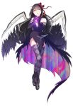  1girl akemi_homura akuma_homura argyle argyle_legwear bare_shoulders black_hair bow choker dark_orb_(madoka_magica) dress elbow_gloves feathered_wings gloves hair_bow highres long_hair looking_to_the_side mahou_shoujo_madoka_magica mahou_shoujo_madoka_magica_movie null_(chronix) simple_background solo spoilers thigh-highs violet_eyes white_background wings zettai_ryouiki 