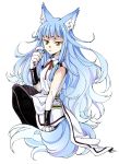  1girl agahari animal_ears blue_hair claws fox_ears fox_tail fur highres long_hair looking_at_viewer original simple_background solo tail white_background yellow_eyes 