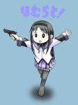  1girl :o akemi_homura black_hair black_legwear blue_background character_name gun hairband long_hair magical_girl mahou_shoujo_madoka_magica outstretched_arms pistol running simple_background skirt solo spread_arms weapon 