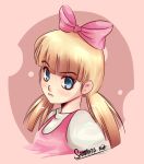  1girl absurdres artist_name blonde_hair blue_eyes bow frown hair_bow helga_g_pataki hey_arnold! highres looking_at_viewer low_twintails pink_background samantha_niz solo twintails unibrow 