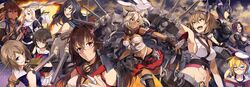  6+girls agano_(kantai_collection) bare_shoulders black_hair blonde_hair book breasts brown_hair budget_sarashi choukai_(kantai_collection) dark_skin eyepatch glaive glasses gloves green_eyes hair_ornament hat headgear i-8_(kantai_collection) kantai_collection long_hair maya_(kantai_collection) mechanical_halo midriff multiple_girls musashi_(kantai_collection) mutsu_(kantai_collection) navel neko_(yanshoujie) open_mouth personification purple_hair red_eyes sailor_dress sarashi school_swimsuit school_uniform serafuku short_hair skirt swimsuit sword tatsuta_(kantai_collection) tenryuu_(kantai_collection) thigh-highs twintails weapon yamato_(kantai_collection) yellow_eyes yukikaze_(kantai_collection) yuudachi_(kantai_collection) 