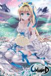  1girl blonde_hair blue_eyes bouquet breasts cleavage dress elbow_gloves flower gloves grass hair_ribbon high_heels ice_(ice_aptx) long_hair original ribbon sitting smile solo thigh-highs unleashed 