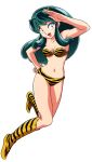  1girl bikini boots eyeshadow fang full_moon green_eyes green_hair hand_on_hip highres horns long_hair lum makeup moon navel official_art oni open_mouth simple_background solo swimsuit tiger_print urusei_yatsura waving white_background wide-eyed 
