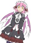  1girl alternate_costume animal_ears bird_wings black_dress dress enmaided fun_bo gothic_lolita lolita_fashion long_sleeves looking_at_viewer maid maid_headdress mystia_lorelei pink_hair simple_background solo touhou v_arms white_background wings yellow_eyes 