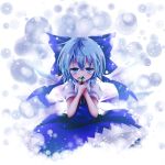  1girl blue_dress blue_eyes blue_hair bow cirno commentary_request dress flower hair_bow ice ice_wings kuroyume_(dark495) looking_at_viewer puffy_short_sleeves puffy_sleeves shirt short_sleeves smelling_flower snowdrop_(flower) snowing solo touhou wings 