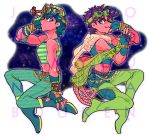  2boys chaps goggles green_hair hat jojo_no_kimyou_na_bouken jonathan_joestar joseph_joestar_(young) midriff multiple_boys purple_hair scarf ss0aa 