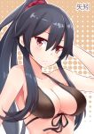  1girl arm_up bare_shoulders bikini black_hair breasts bust cleavage front-tie_top hair_between_eyes halftone halftone_background highres kantai_collection long_hair mmrailgun payot ponytail red_eyes solo swimsuit yahagi_(kantai_collection) 