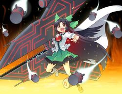  1girl black_hair black_wings bow cape fang hair_bow mechanical_arm open_mouth red_eyes reiuji_utsuho solo torpedo toto_nemigi touhou wings 