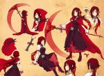  1girl bloodycolor boots cape cross dress grey_eyes high_heels hooded_cloak jewelry necklace ponytail redhead ruby_rose rwby scythe short_hair skirt smile stiletto_heels weapon 