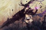  arm_cannon armor belt black_hair black_rock_shooter black_rock_shooter_(character) building burning_eyes chain dutch_angle fire leg_armor midriff navel purple_fire scar short_shorts shorts shoulder_armor stflash sword twintails uneven_twintails violet_eyes weapon 