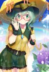  1girl bespectacled blush flower glasses green_eyes green_hair hat highres hijiri-ssh komeiji_koishi looking_at_viewer red-framed_glasses semi-rimless_glasses short_hair shorts smile solo touhou umbrella under-rim_glasses 