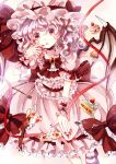  1girl bat_wings blue_hair cake cup dress food fork hat jaku_sono open_mouth red_eyes remilia_scarlet saucer short_hair solo spilling spoon tea teacup touhou wings 