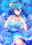  1girl blood blood_from_mouth blue_background blue_hair blue_rose cleavage fang flower hair_ornament hair_stick highres kaenuco kaku_seiga large_breasts long_hair open_mouth petals rose shawl smile touhou yellow_eyes 