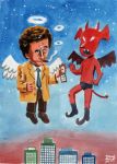  2boys angel angel_wings badge cityscape columbo_(detective) devil flying furrowed_brow multiple_boys necktie raincoat smoking wings 