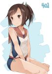  1girl brown_eyes brown_hair i-401_(kantai_collection) kantai_collection personification ponytail sailor_collar school_swimsuit short_hair sitting soburi swimsuit yokozuwari 