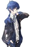  arisato_minato blue_hair hand_in_pocket hoodie jacket persona persona_3 profile school_uniform short_hair solo sutei_(giru) yuuki_makoto 