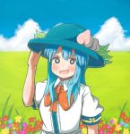  1girl alison_(alison_air_lines) blue_hair blush flower food fruit grass hat hinanawi_tenshi holding holding_hat long_hair open_mouth peach solo touhou 