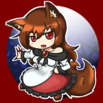  1girl animal_ears bare_shoulders blush breasts brown_hair chibi collarbone dress fang fingernails hand_on_hip imaizumi_kagerou jewelry long_hair looking_at_viewer open_mouth red_eyes shiny shiny_hair smile solo tail touhou wolf_ears wolf_tail 