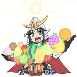  1girl acorn apple banana black_hair blue_eyes cherry durian female food fruit grapes idolmaster idolmaster_cinderella_girls kamen_rider kamen_rider_gaim kamen_rider_gaim_(series) lemon mango melon nanjou_hikaru nash_(na-si) orange peach pineapple rider-tan solo strawberry watermelon 