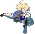  1girl absurdres bag belt_feed blonde_hair blue_eyes cyborg frumil gatling_gun gun highres loafers long_hair machine_gun original school_bag school_uniform serafuku shadow shoes simple_background skirt socks solo stance tattoo weapon white_background white_legwear 